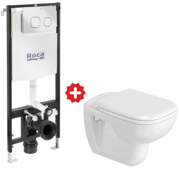 Duravit D-Code Wall Mounted Toilet  Including Soft Close Seat & Cover, White with Roca Concealed Tank Fully Supported Frame Including Square Plate