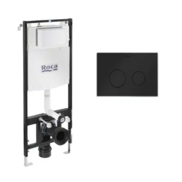 Roca Fully Supported Frame Concealed Tank, Matte Black Rounded Flush Plate - With Fixing Kit