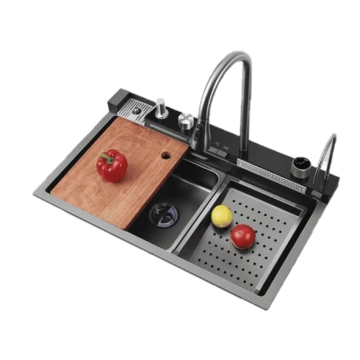 Sama Granite Digital Kitchen Sink 5 buttons, with Mixer, accessories, and Waste 46 x 75 cm, Black