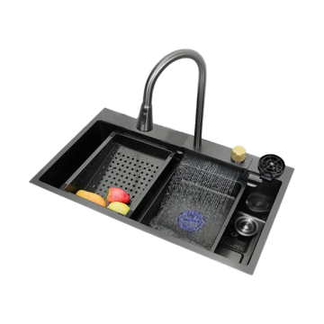Water Fall Kitchen Sink, 76 x 48 cm, 1mm Thickness, with Pull-Out Mixer, Chopping Board, Cup Washer